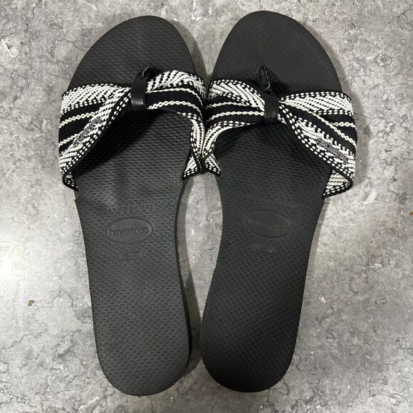 Havaianas Black White Bow Slide Sandals 9/10 Flip Flops Summer Saint Tropez Lush - Picture 1 of 6
